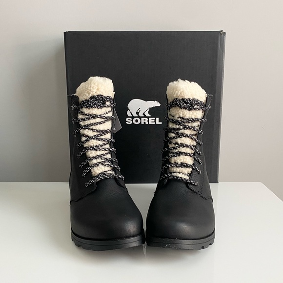 NEW W BOX Sorel Emelie Shearling Short Lace Up Cozy Black White Boots Shoes Sz 9 - Picture 2 of 13